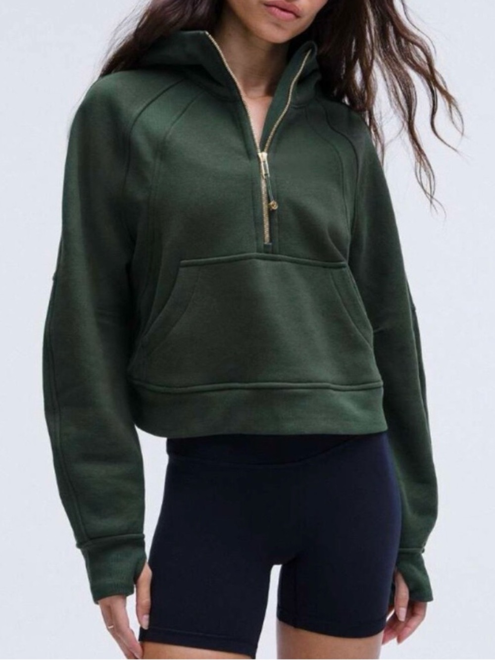 lululemon athletica Cropped Quarter-Zip Hoodie in Forest Green with Gold Zip